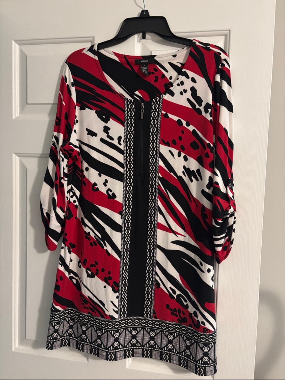 Alfani Red Black and White Zip-Front Patterned Tunic